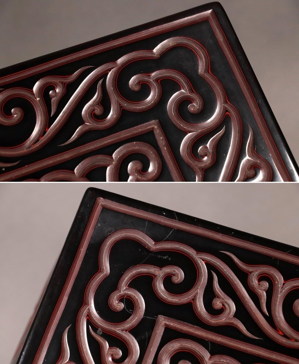 M419 中国古玩堆黒倶利彫紋大型平卓花台宣徳年製 72.2cm /堆朱木製唐草